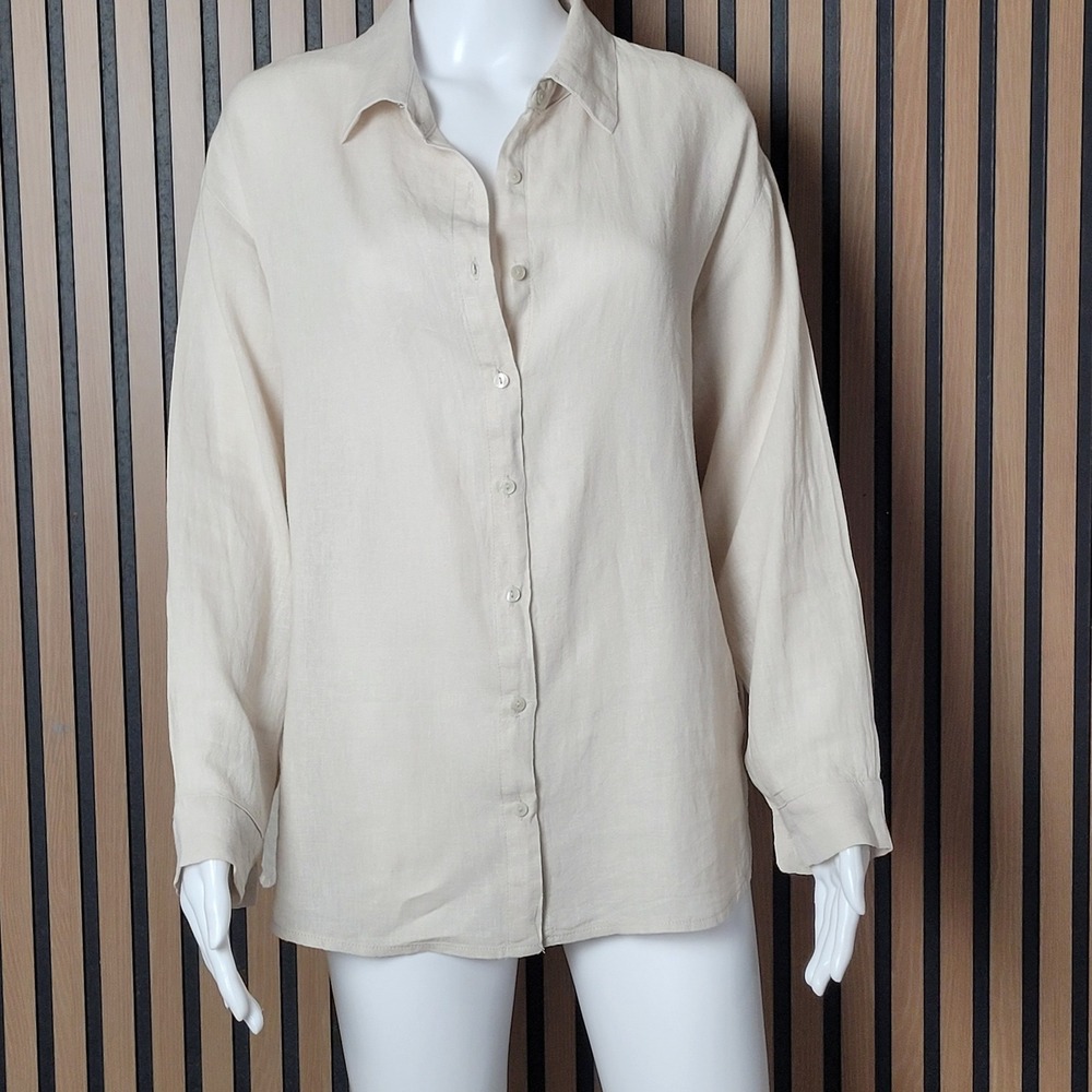 BLANKNYC Button Down Shirt Linen Blend Relaxed Beige Long Sleeve Medium